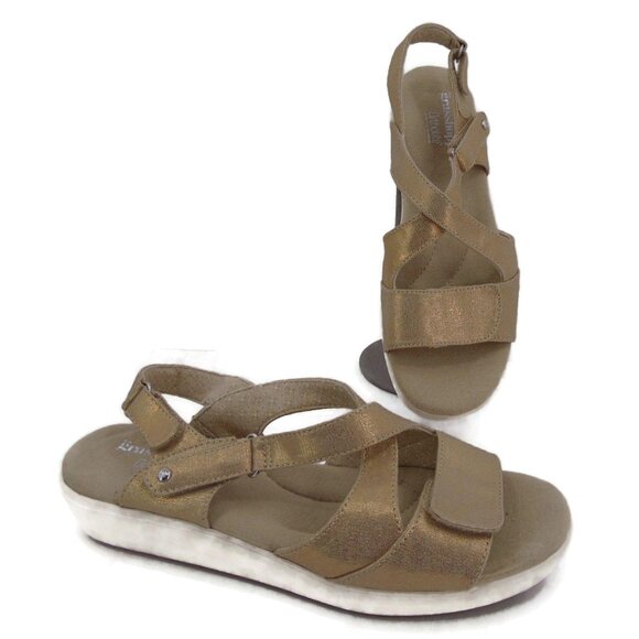 Grasshoppers Leah Two Strap Sandals 9.5 W Wide Gold Linen Textile Shoes - Picture 2 of 14